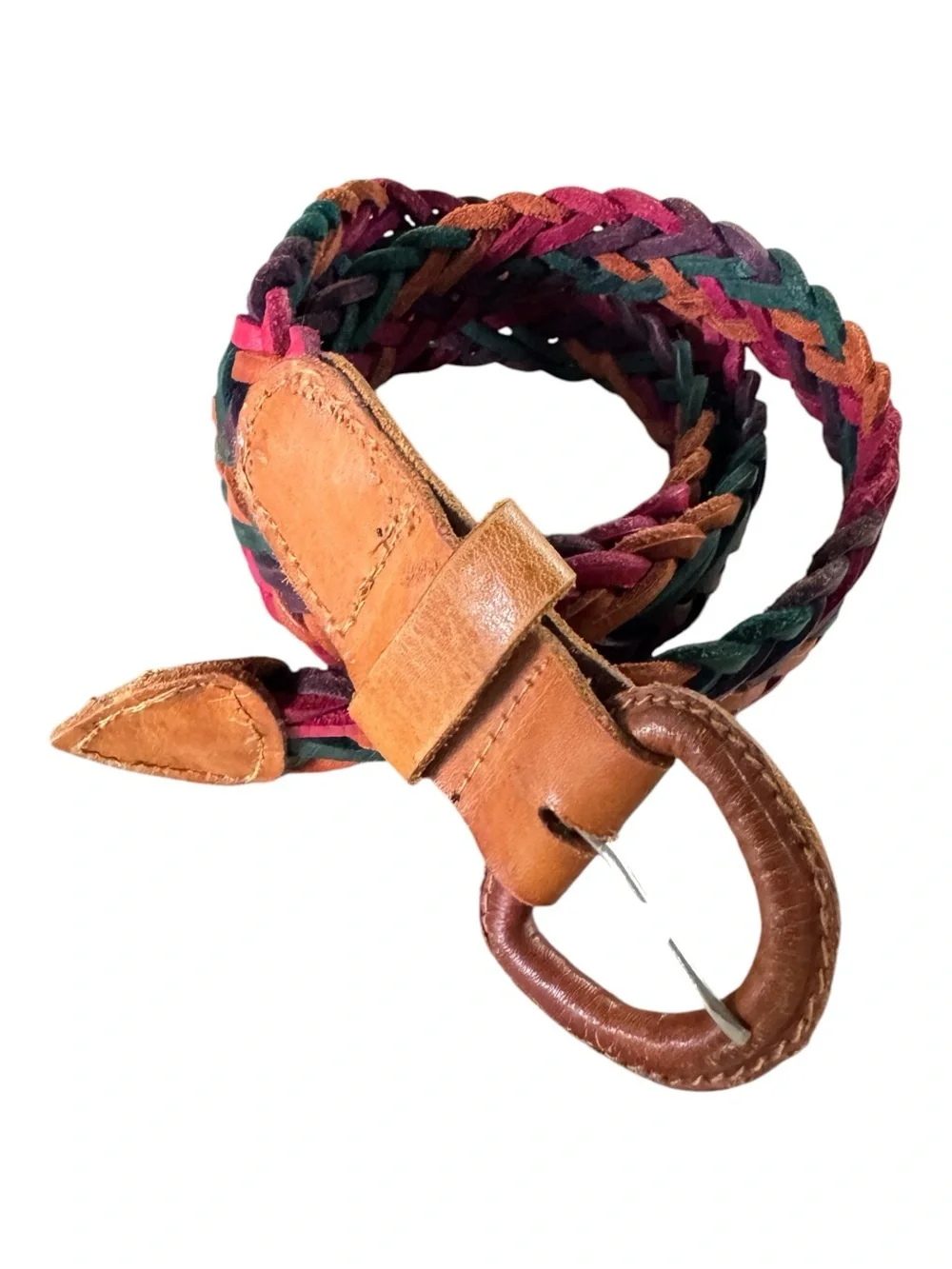 Handmade Guatemala Genuine Leather Braided Multicolor Belt Boho Western 43”
